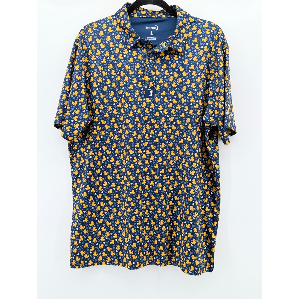 Bogey Bros Mens Big Duck Energy Golf Polo Shirt Blue Yellow Duck Print Large